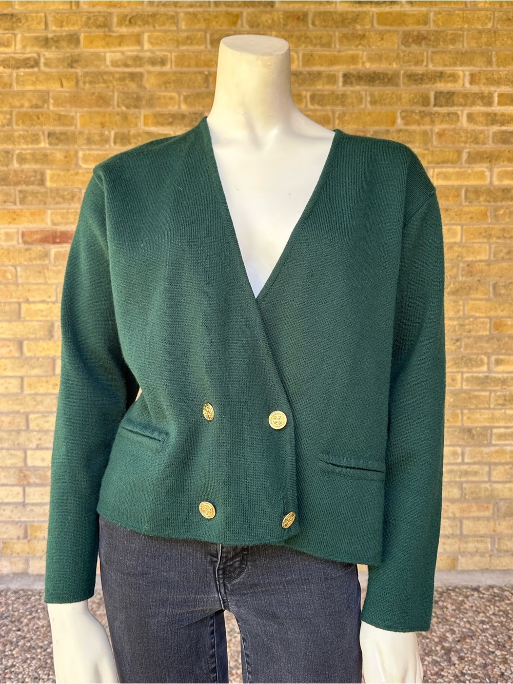 Vintage 90s Talbots Green Double-Breasted Wool Cardigan Sweater Blazer